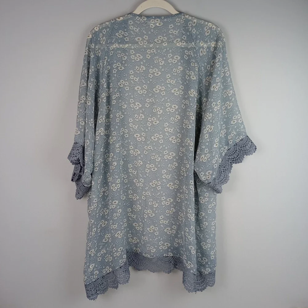 Maurices Womens L Blue Floral Lace Trim Open Front Boho Lightweight Cardigan